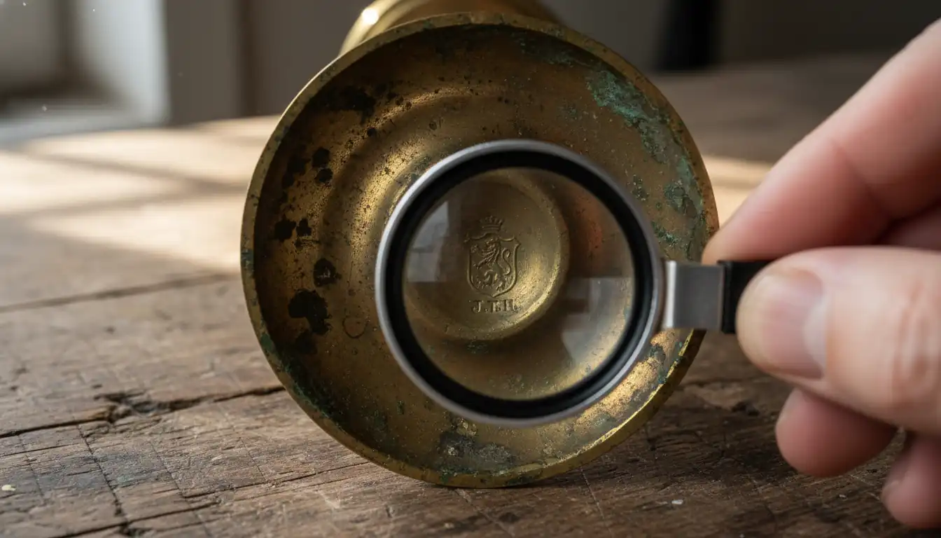 Close-up of a magnifying glass inspecting a stamped maker's mark on an antique brass candlestick base.