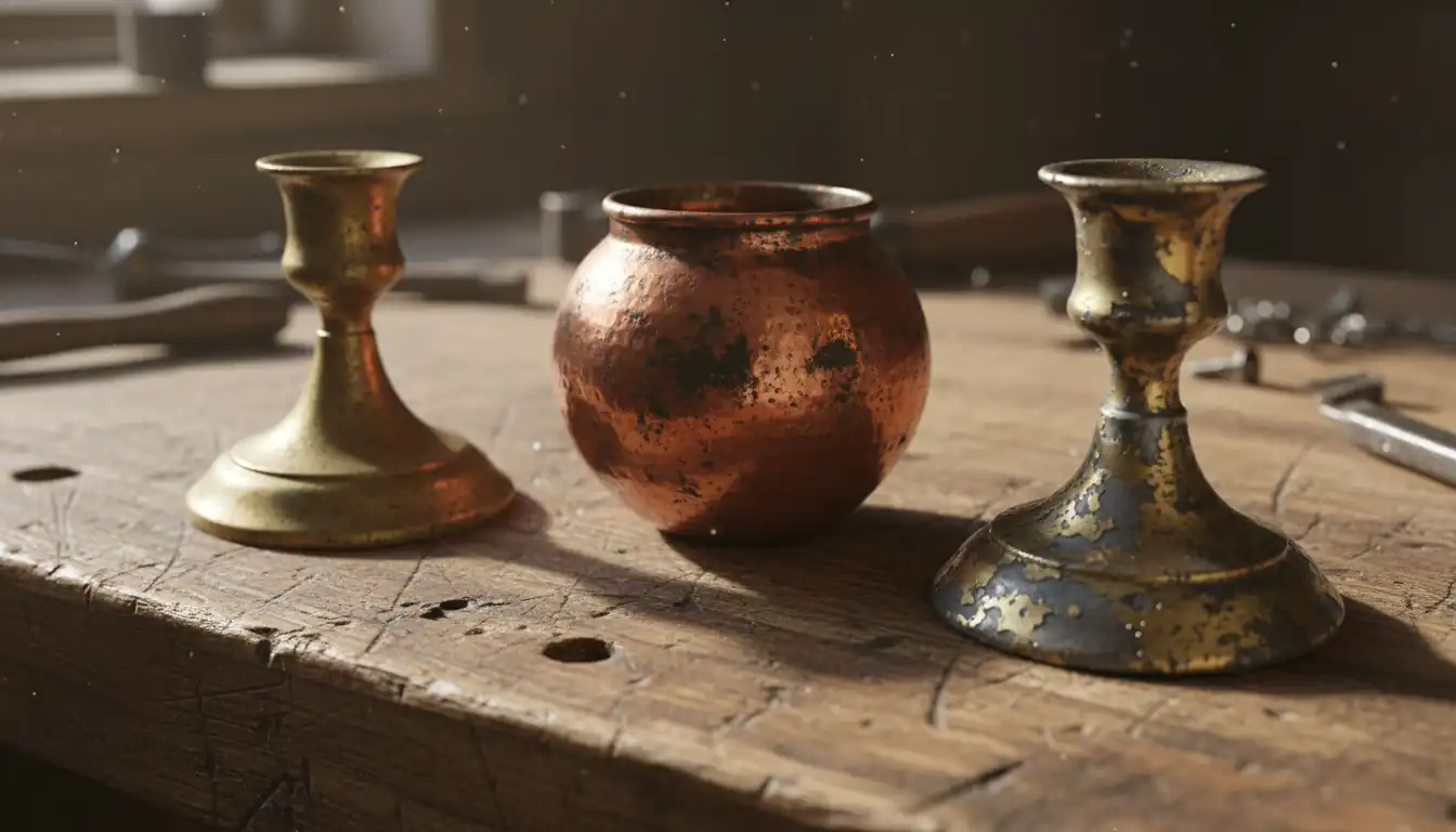 Side-by-side comparison of solid brass, reddish copper, and worn plated metal on a wooden table.