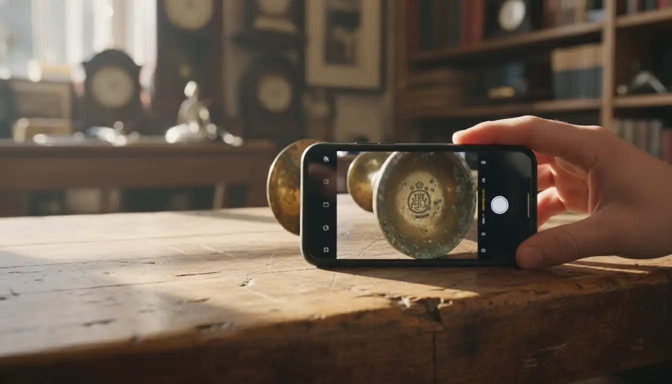 A person using a smartphone to photograph a hallmark on the base of a vintage brass candlestick.