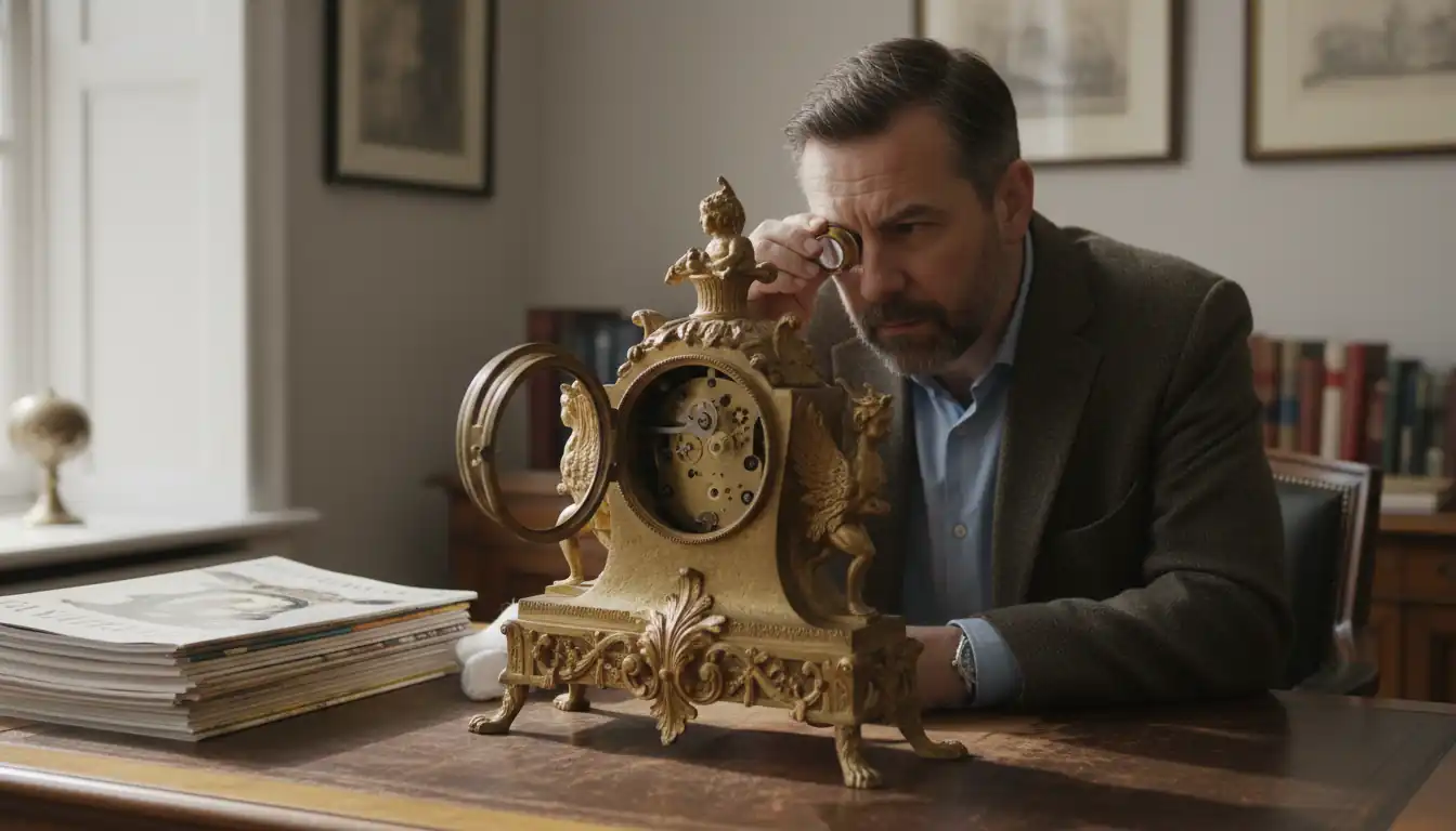 Professional appraiser examining an ornate antique French mantel clock with a magnifying loupe in a well-lit office.