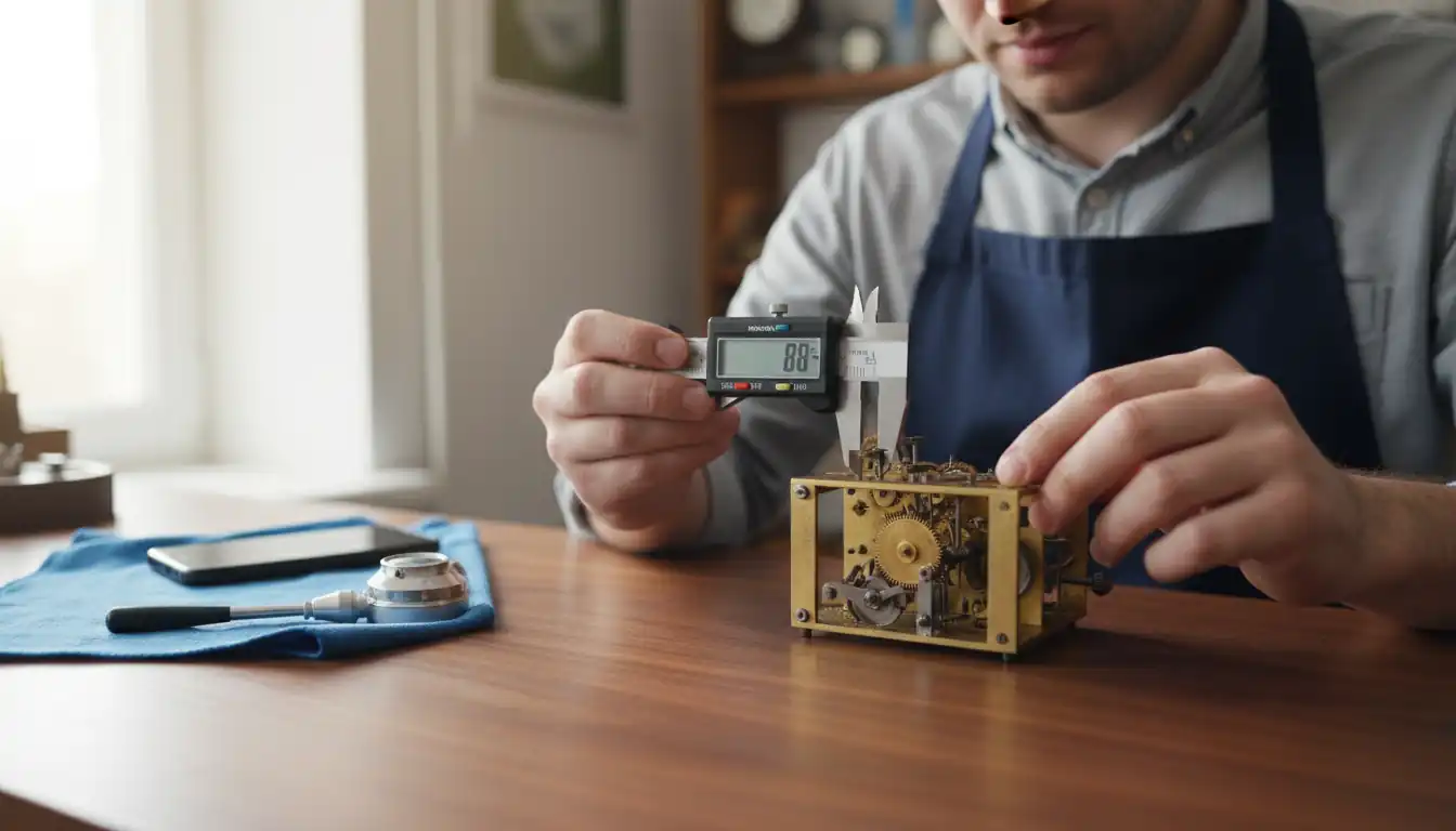 Professional using a digital caliper to measure an antique brass clock movement on a wooden workbench.