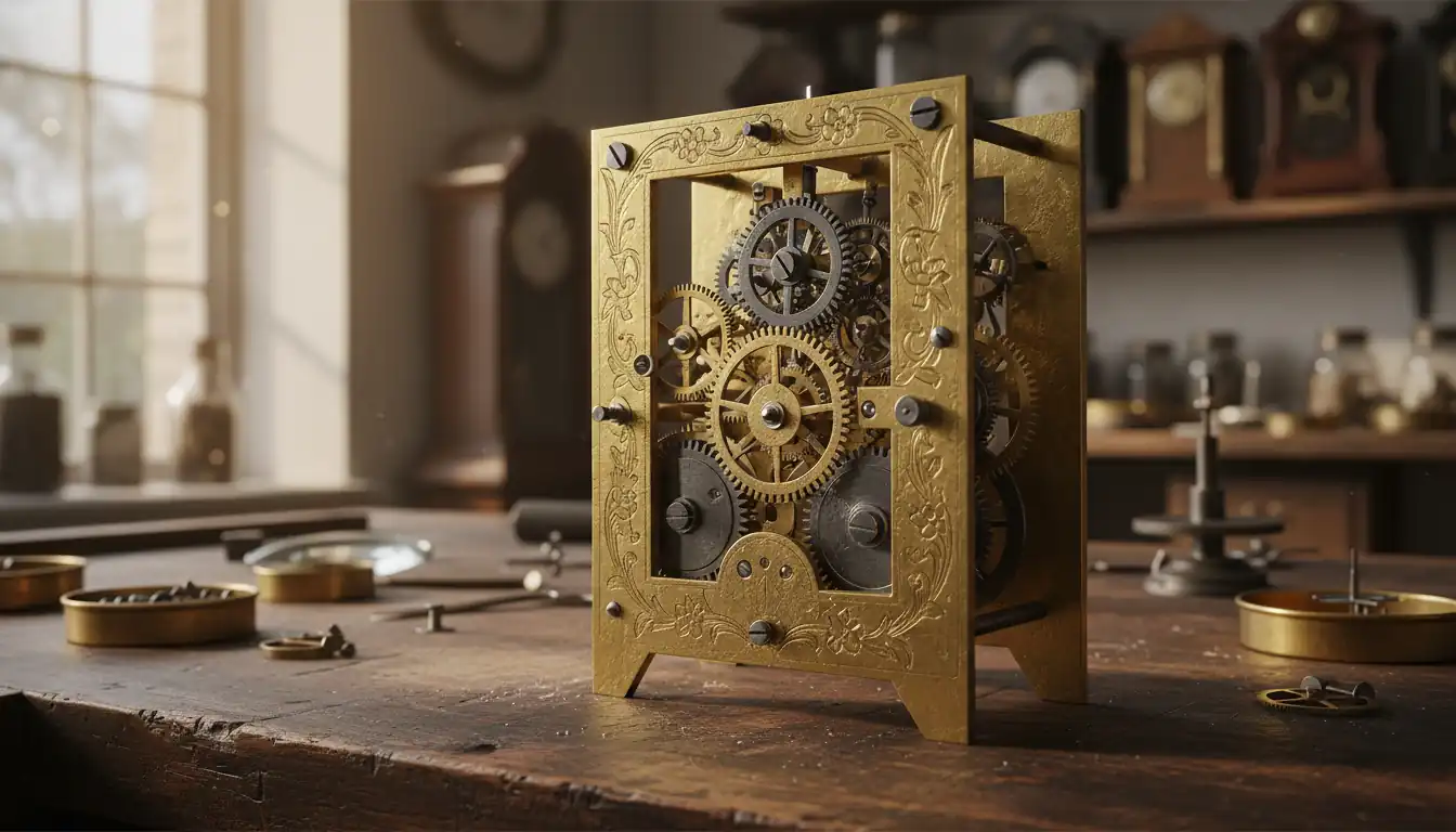 Close-up of intricate antique clock brass gears and engraved internal movement on a wooden workbench.