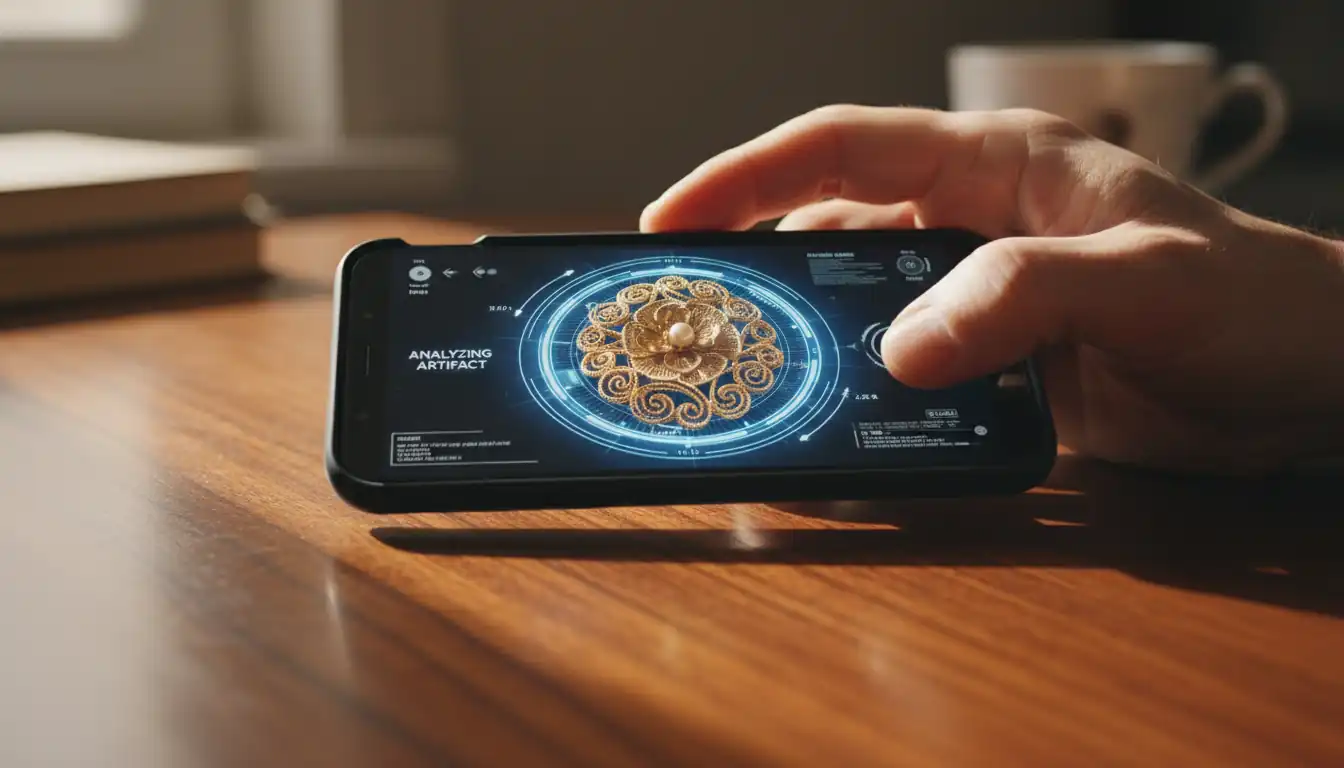 A person using a smartphone app to scan a vintage gold brooch on a wooden table for appraisal.