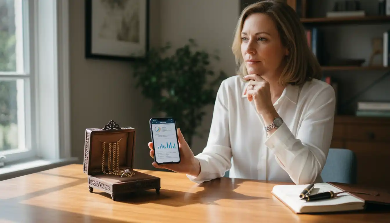 A woman reviewing a digital jewelry appraisal on her smartphone next to an open jewelry box.