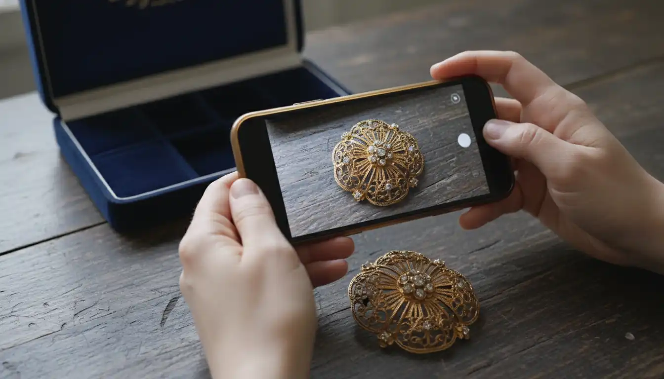 A person using a smartphone to scan a vintage gold brooch on a wooden table.