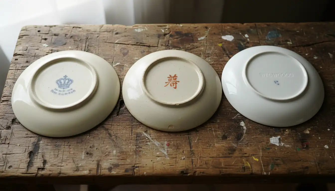 Three antique ceramic plates turned over to show different maker's marks on a wooden table.
