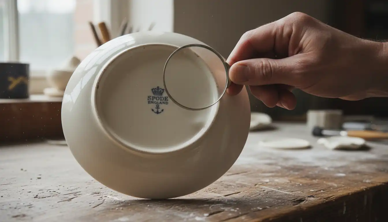 Person using a magnifying glass to inspect a hallmark on the bottom of an antique porcelain plate.
