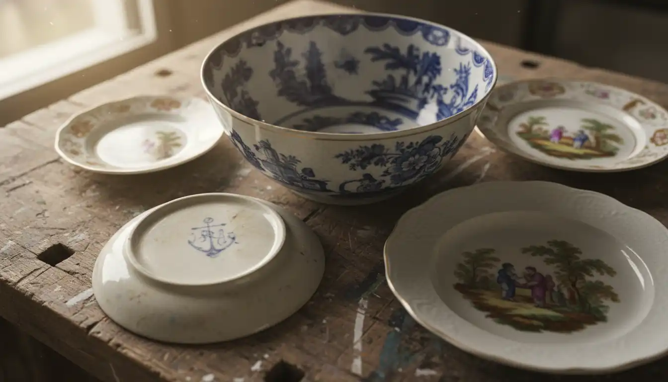 Close-up of antique European porcelain plates on a wooden table, showing a maker's mark on the underside.