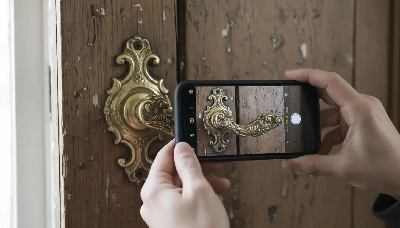 A person using a smartphone to photograph an ornate brass door handle on a wooden surface for identification.