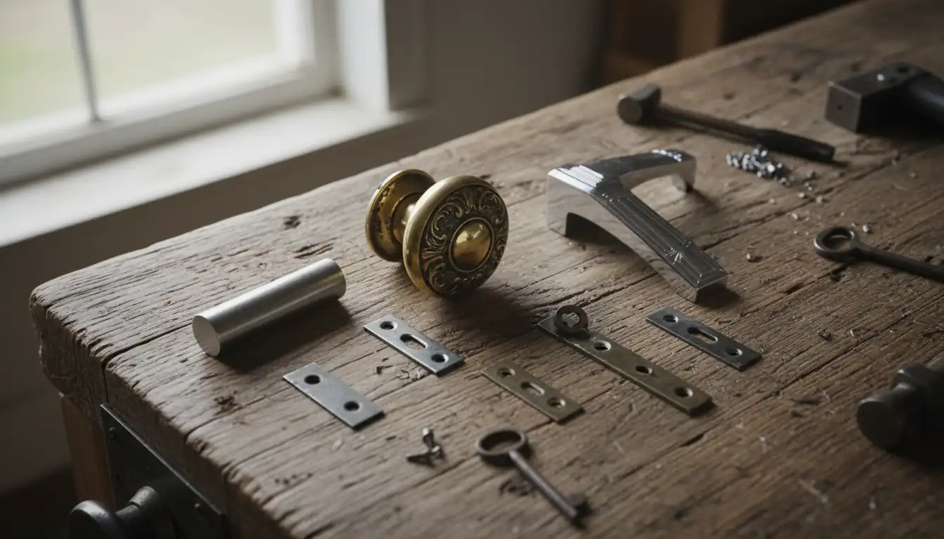 A collection of antique door knobs and handles from different eras displayed on a wooden workbench.