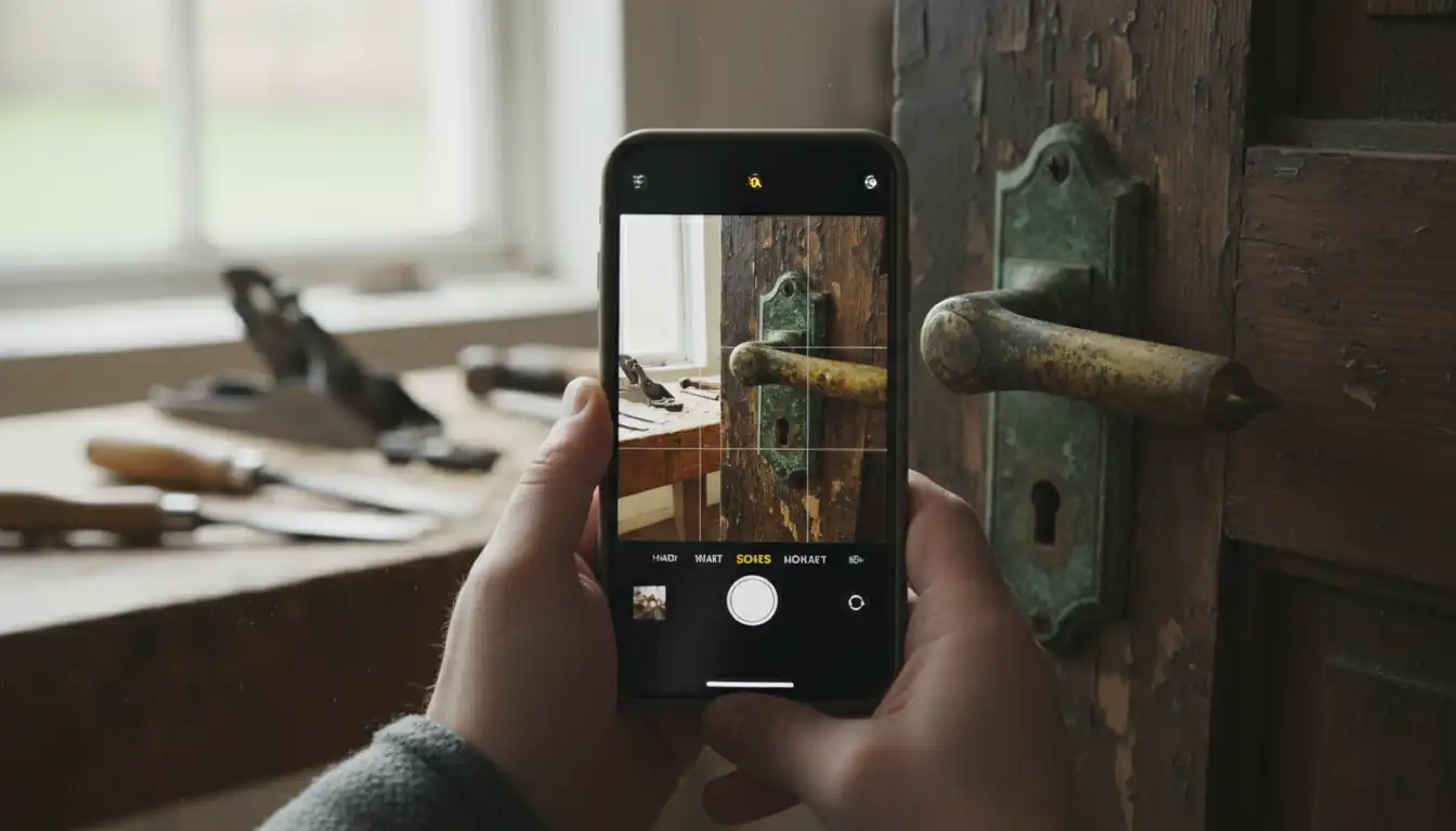 A person using a smartphone to take a photo of an antique brass door handle for identification.