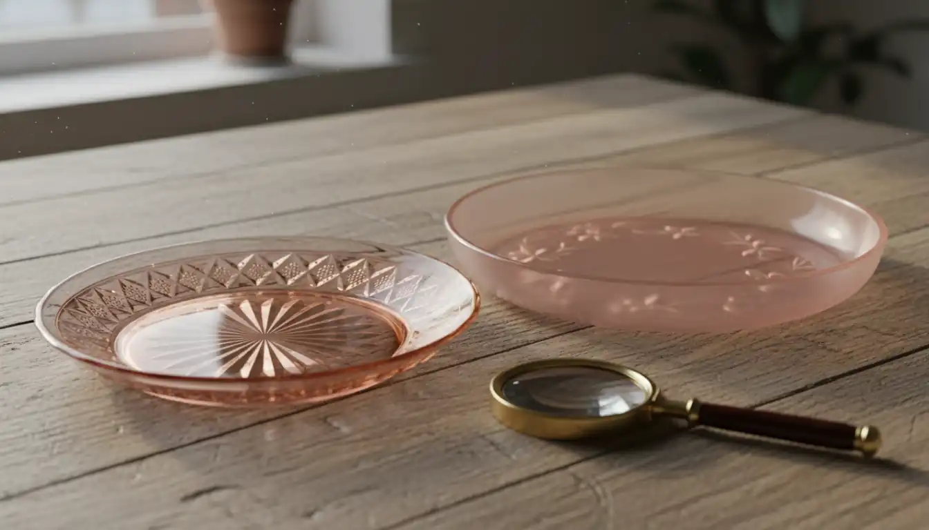 Two pink glass plates, one vintage and one modern, sitting on a wooden table next to a magnifying glass.