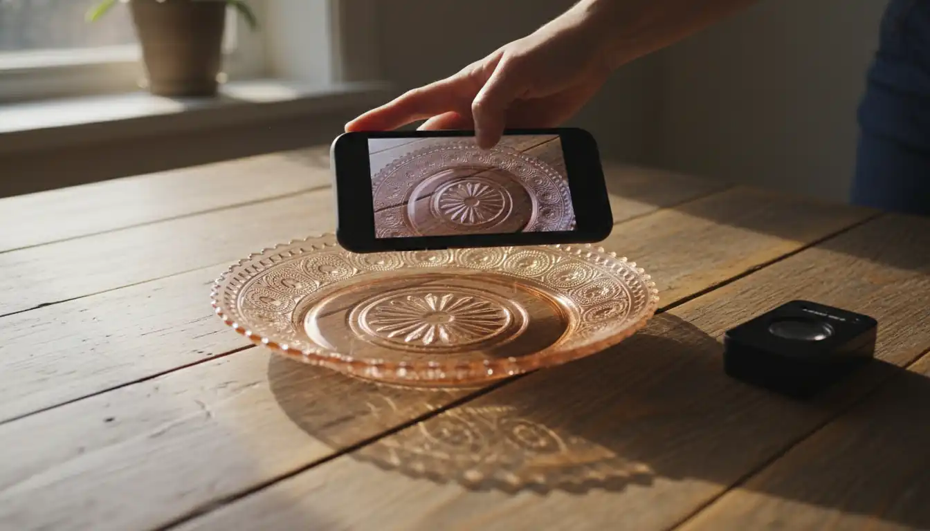 A person using a smartphone to scan and authenticate a vintage pink glass plate on a wooden table.