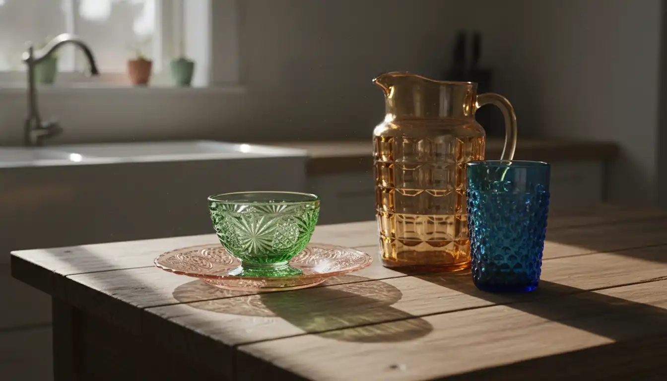 A collection of colorful vintage Depression glass plates and dishes on a wooden table in natural light.