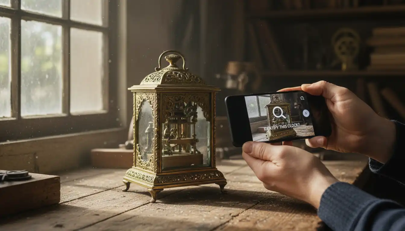 A person using a smartphone to identify a vintage brass clock on a wooden workbench.