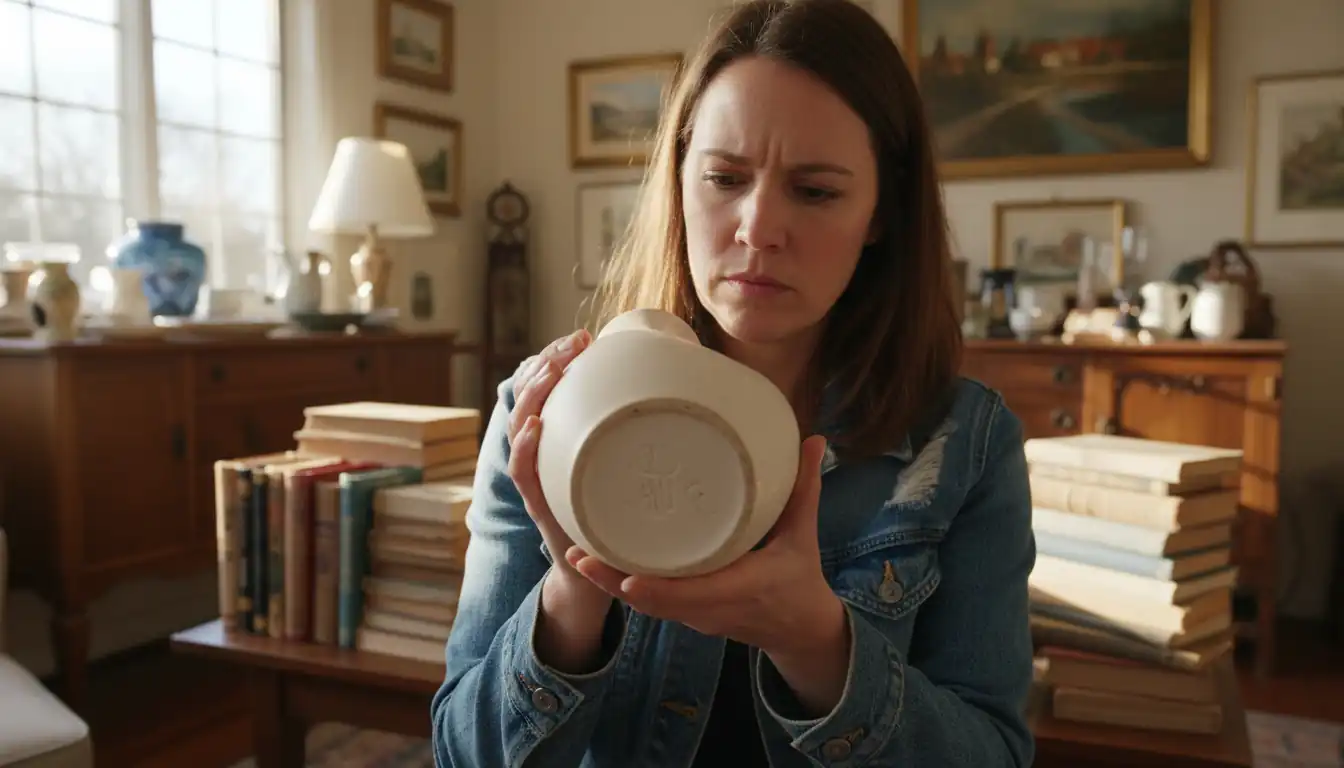 A person inspecting a vintage ceramic vase at an estate sale with natural window lighting.