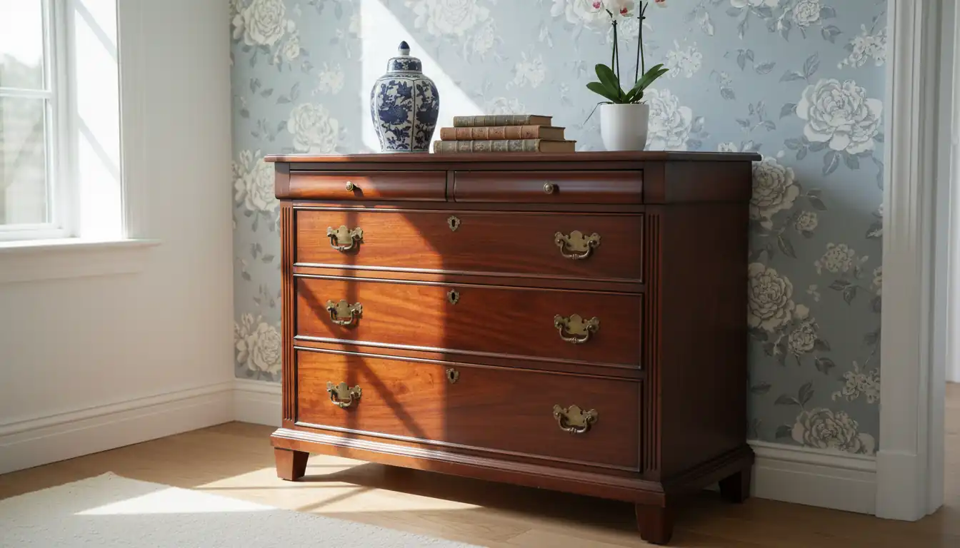 A dark mahogany dresser with a blue and white ginger jar in a sunlit room with floral wallpaper.