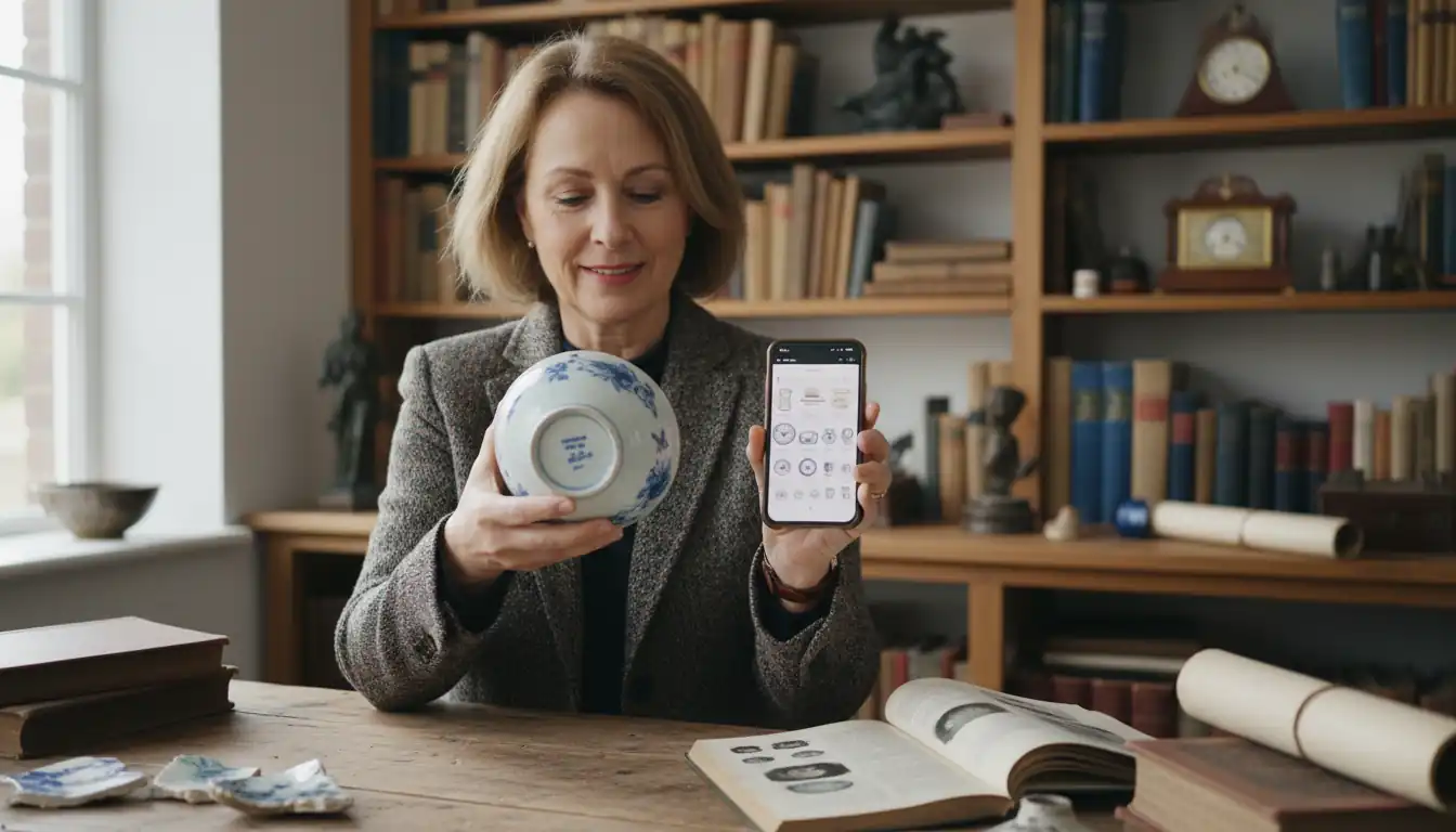 Professional appraiser using a smartphone to research a porcelain bowl in a well-lit antique shop.