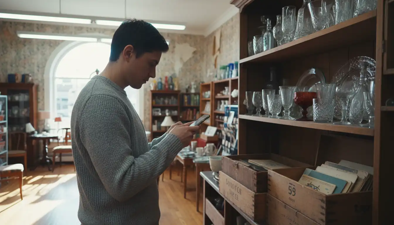 Person using a smartphone in an antique shop filled with vintage items and glassware.