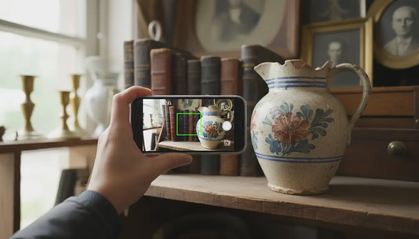 A person using a smartphone to scan a vintage ceramic pitcher on a shelf in an antique store.