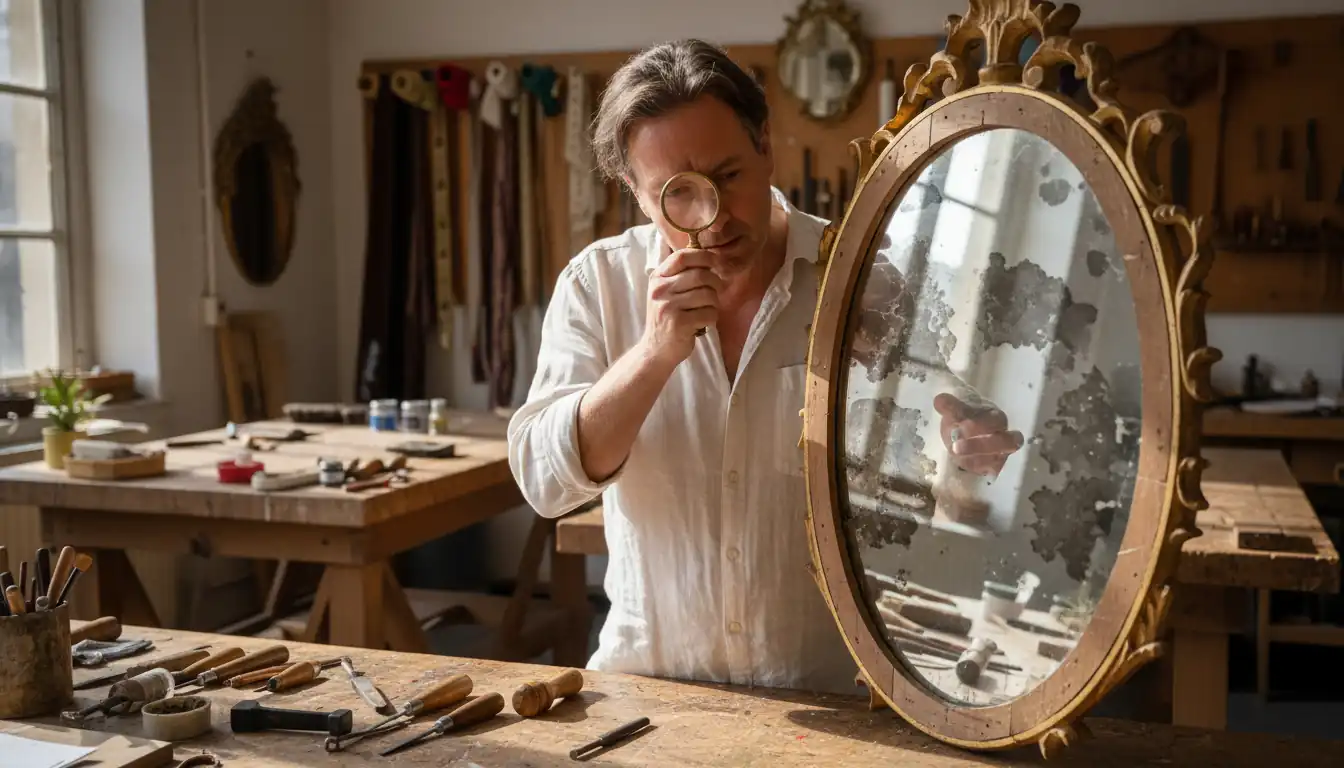 An antique appraiser inspecting the wooden frame and silvering of a large ornate mirror in a studio.