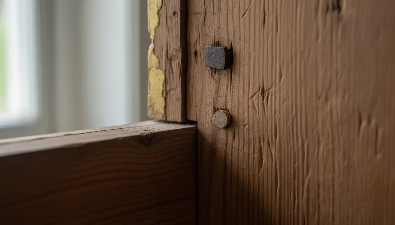 Close-up of antique mirror frame joinery showing hand-planed wood, a wooden peg, and a forged nail.