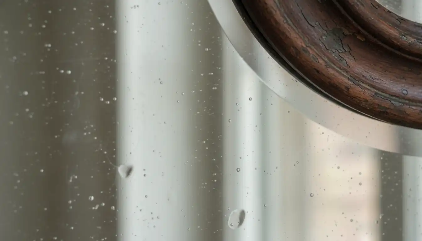 Close-up of an antique mirror surface showing tiny air bubbles and wavy texture in the glass.