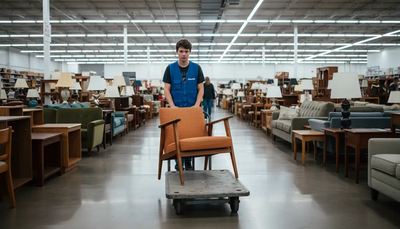 Thrift store employee wheeling a mid-century modern chair onto the sales floor for restocking.