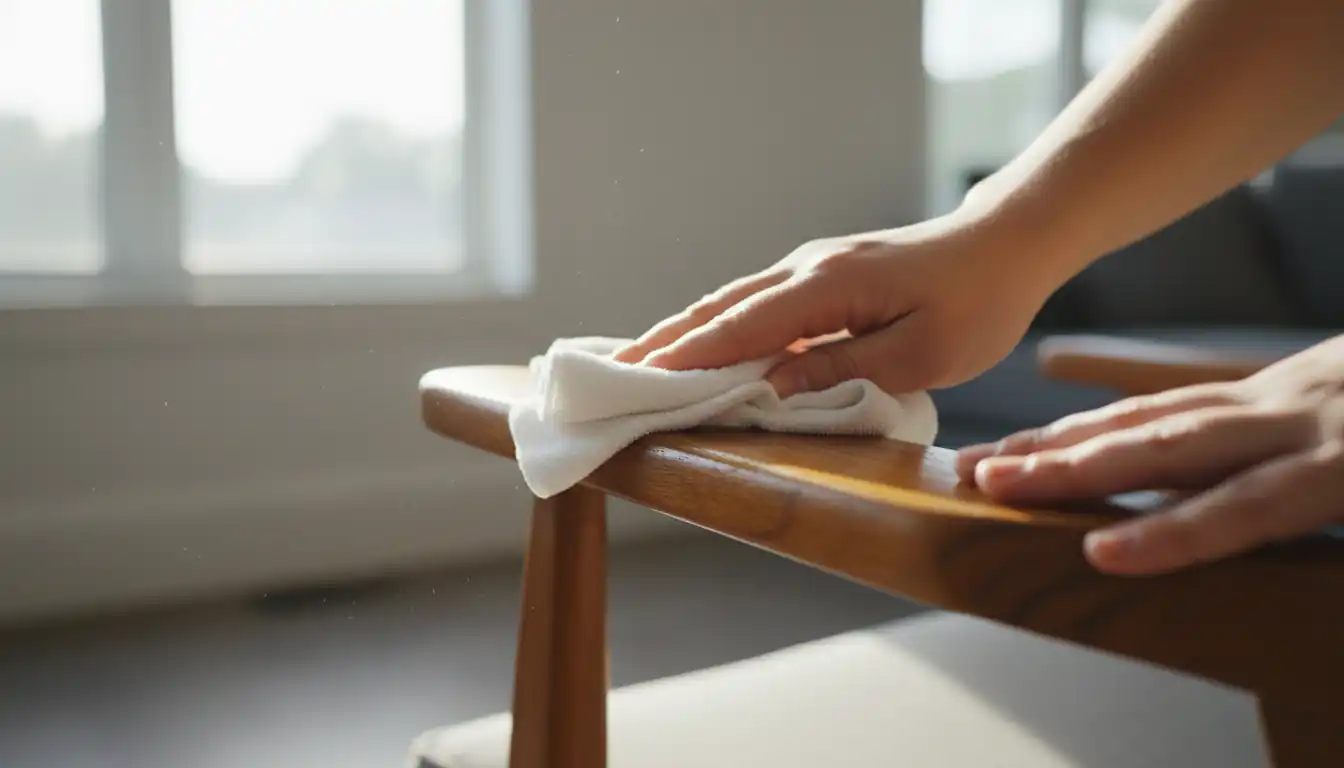 A person applying wood oil to a vintage mid-century modern chair with a soft cloth.