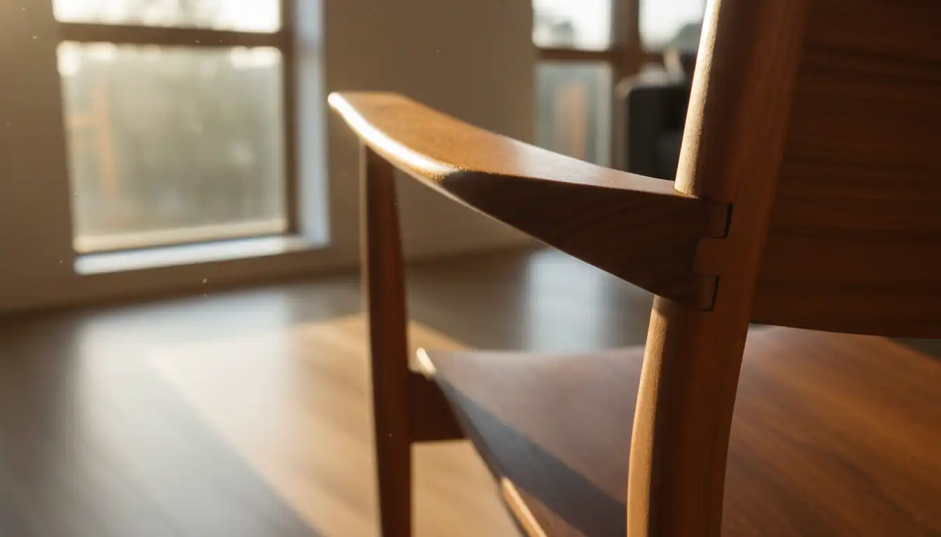 Close-up of vintage teak chair joinery and wood grain in a sunlit room.
