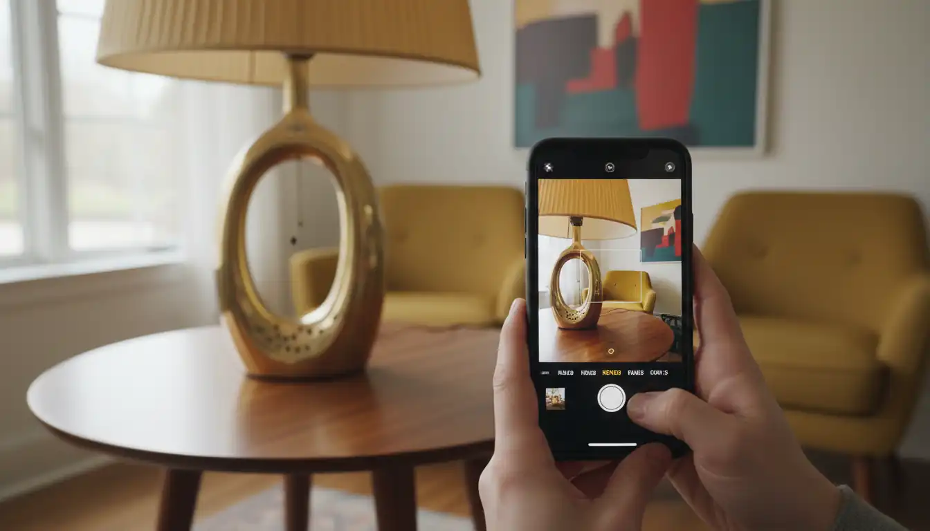 A person using a smartphone to photograph a vintage brass lamp for an online sale in a sunlit room.