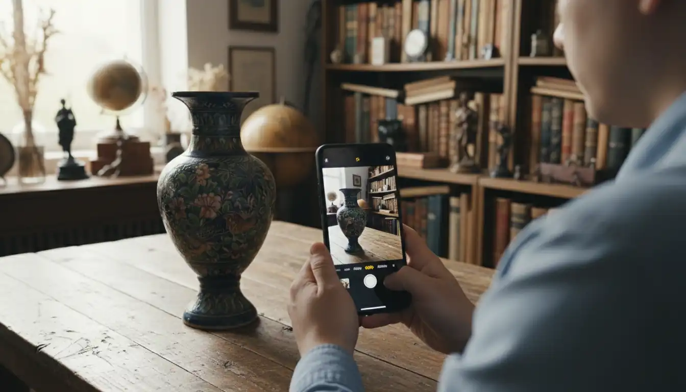 A person using a smartphone to photograph an antique ceramic vase on a wooden table in a sunlit room.