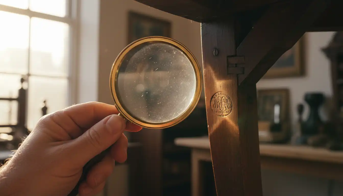 Close-up of hands using a magnifying glass to inspect the joinery and maker's mark on an antique chair.