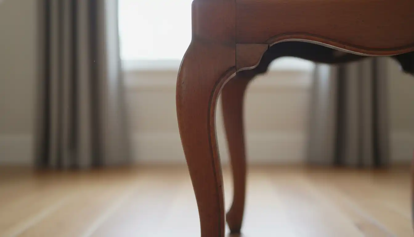 Close-up of a hand-carved mahogany chair leg showing wood grain and patina in natural light.
