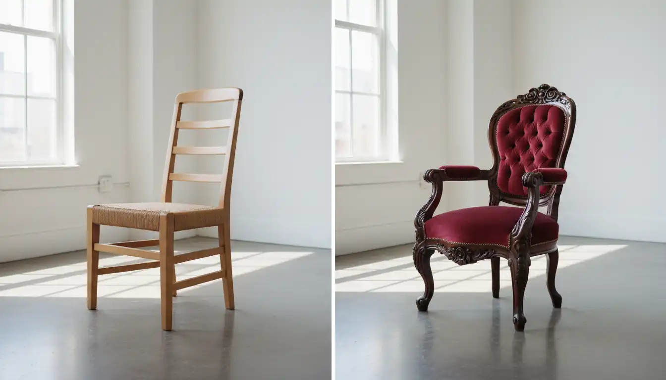 A simple Shaker ladder-back chair next to an ornate Victorian velvet chair in a sunlit room.