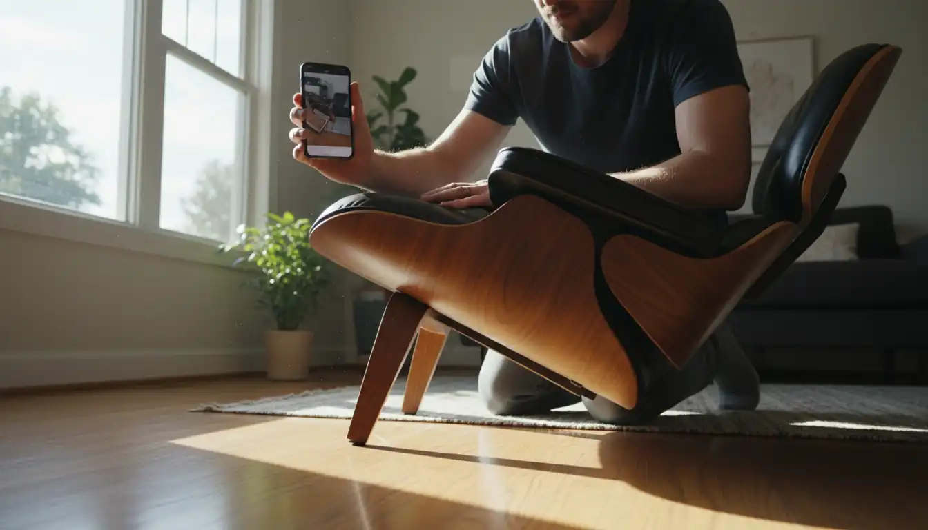 A person inspecting the underside of a mid-century modern lounge chair while holding a smartphone.