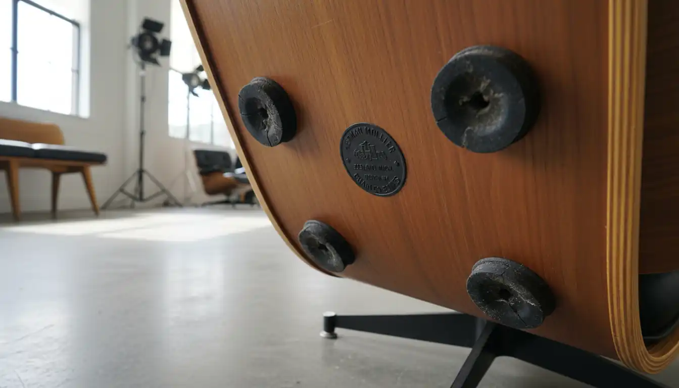 Close-up of a Herman Miller label and shock mounts on the underside of an Eames chair.
