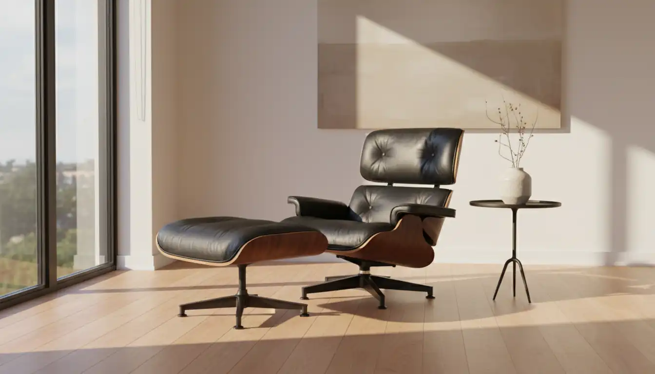 Black leather Eames lounge chair and ottoman in a sunlit, minimalist living room with walnut wood accents.