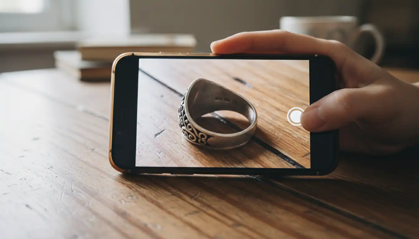 Close-up of a person using a smartphone to photograph a silver ring hallmark for identification.