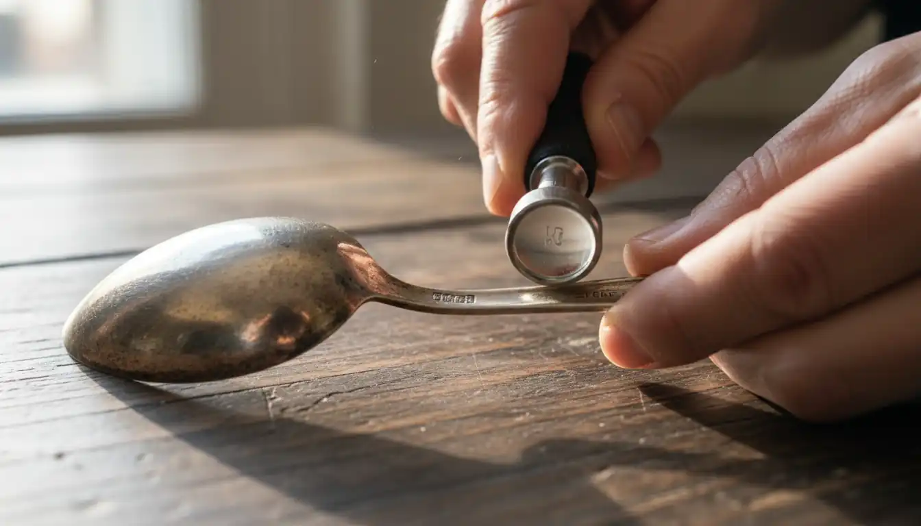 Close-up of hands using a jeweler's loupe to examine a hallmark on a silver spoon.