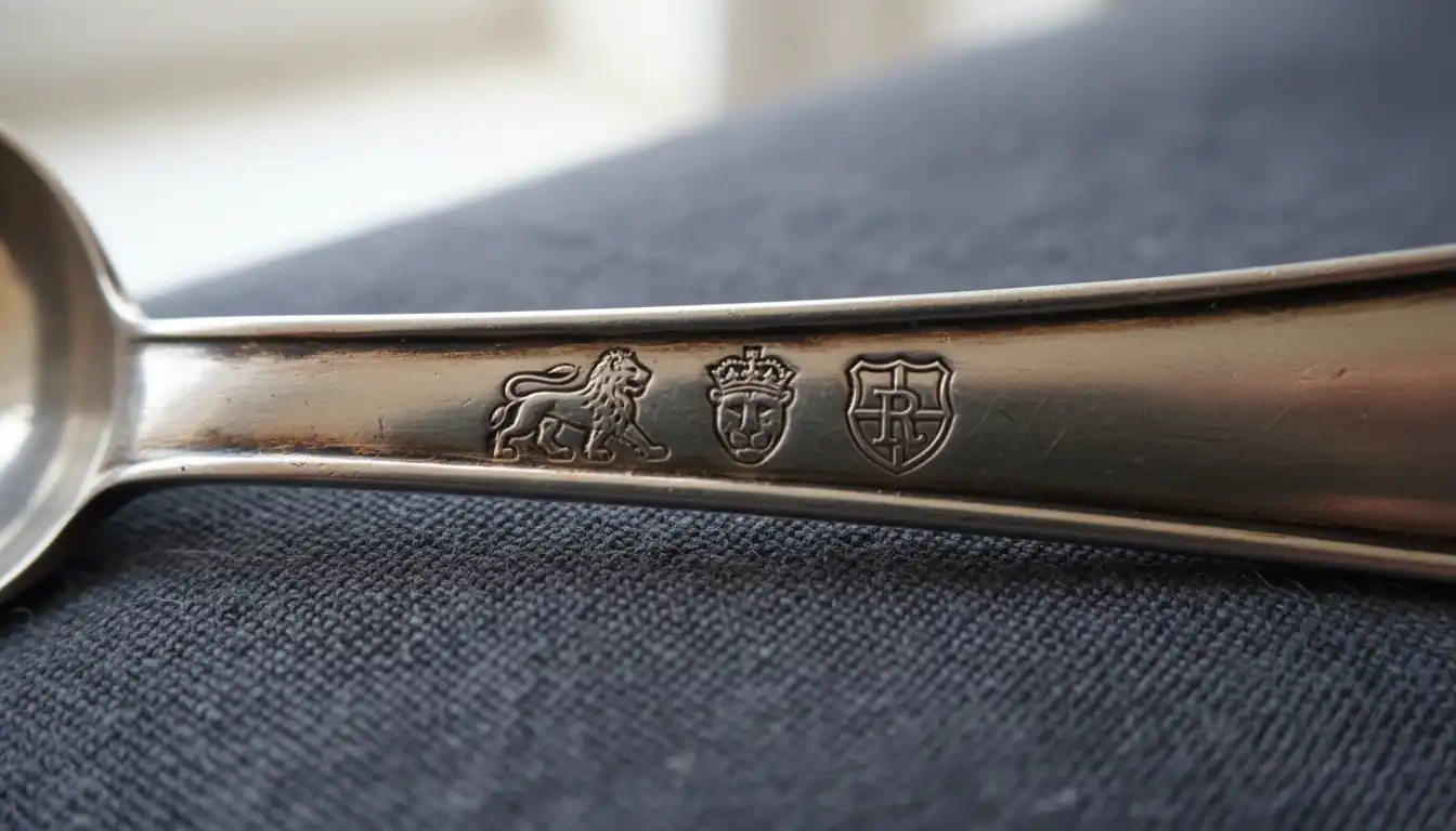 Macro photograph of three distinct silver hallmarks stamped into the handle of a vintage spoon.