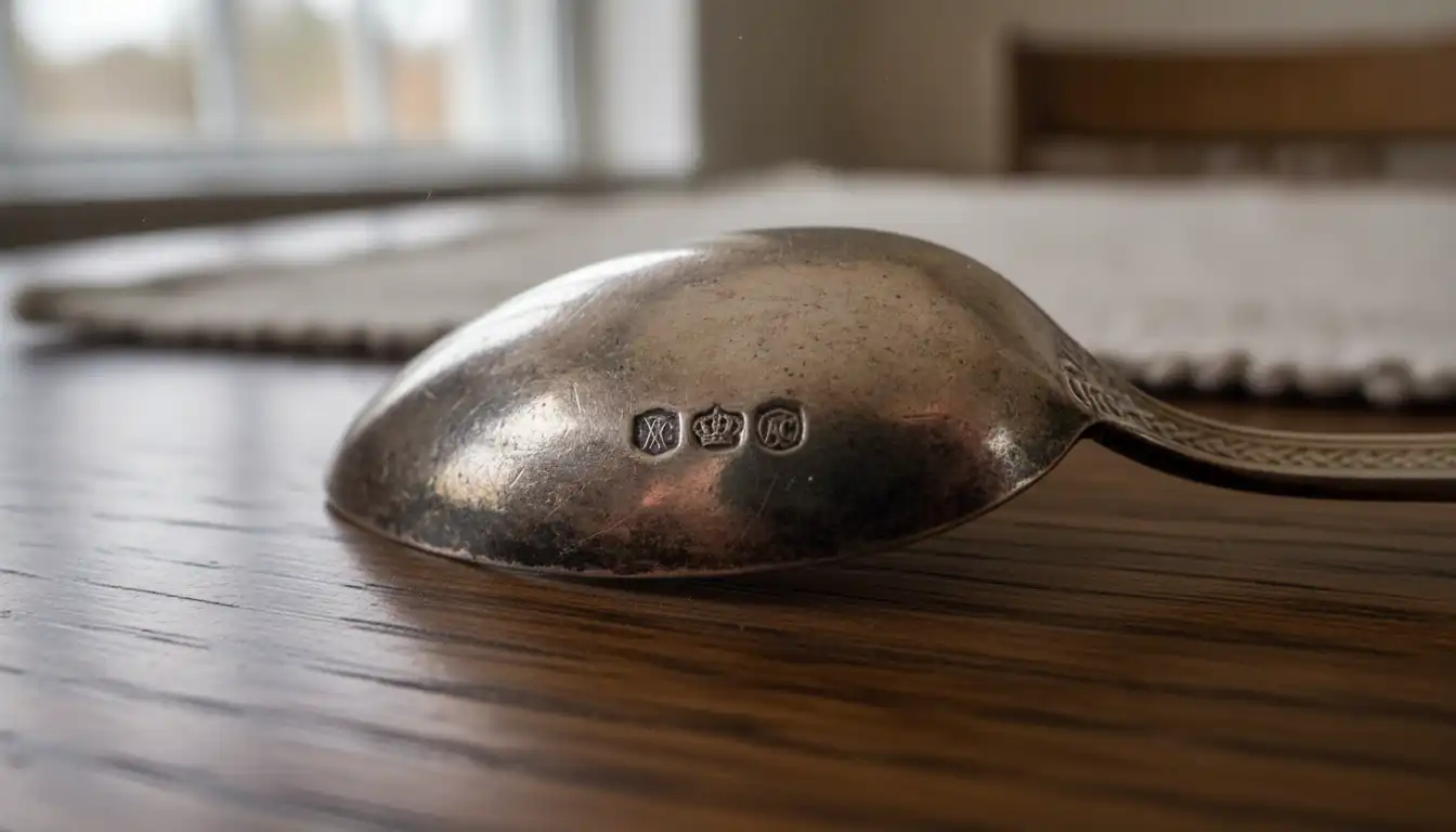 Close-up of vintage silver-plated spoon showing stamped hallmarks and maker's marks on a wooden surface.