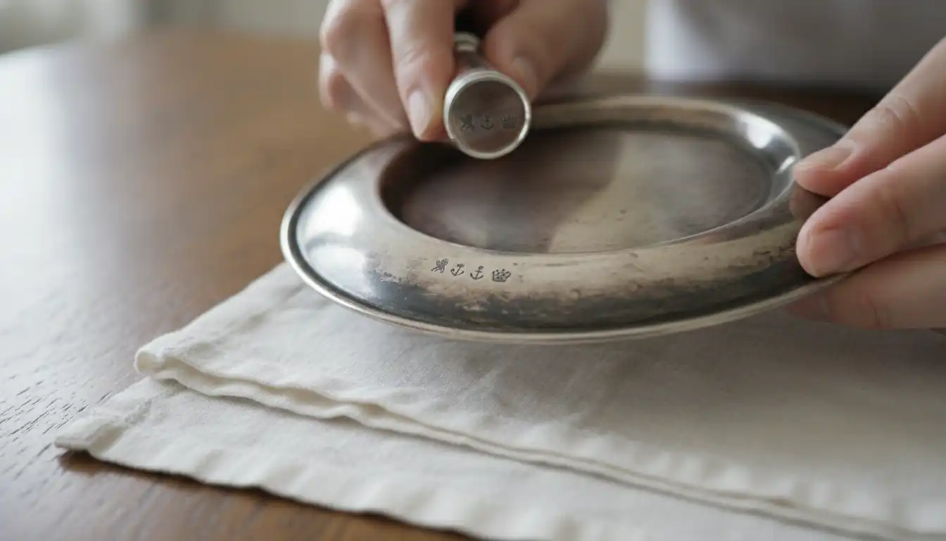 A person using a magnifying glass to inspect hallmarks on the back of a vintage silver plate.