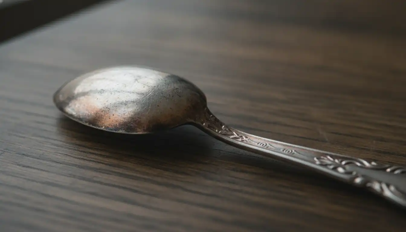 Close-up of a vintage silver-plated spoon on a wooden table showing worn plating and natural patina.