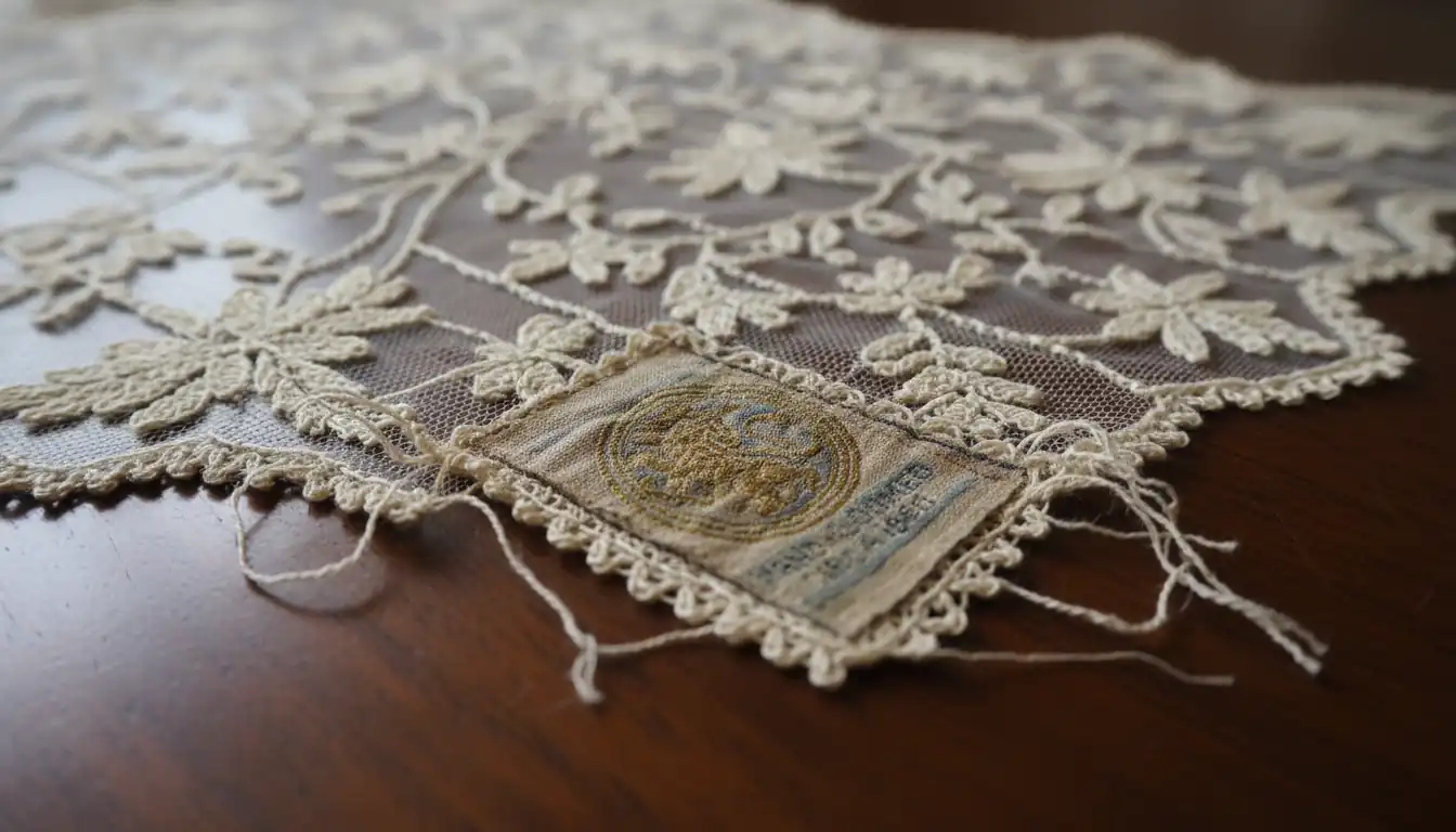 Close-up of antique lace with a small woven manufacturer's label on a wooden table.