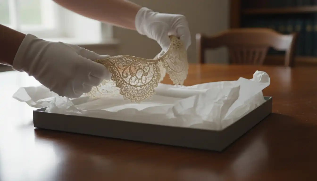 Hands in white gloves placing antique lace into an archival storage box with acid-free tissue paper.