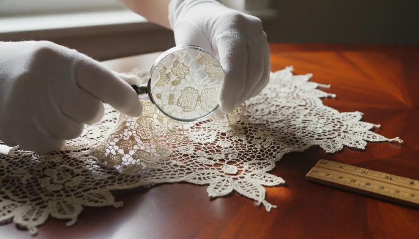 Close-up of gloved hands using a magnifying glass to examine intricate antique lace on a wooden table.