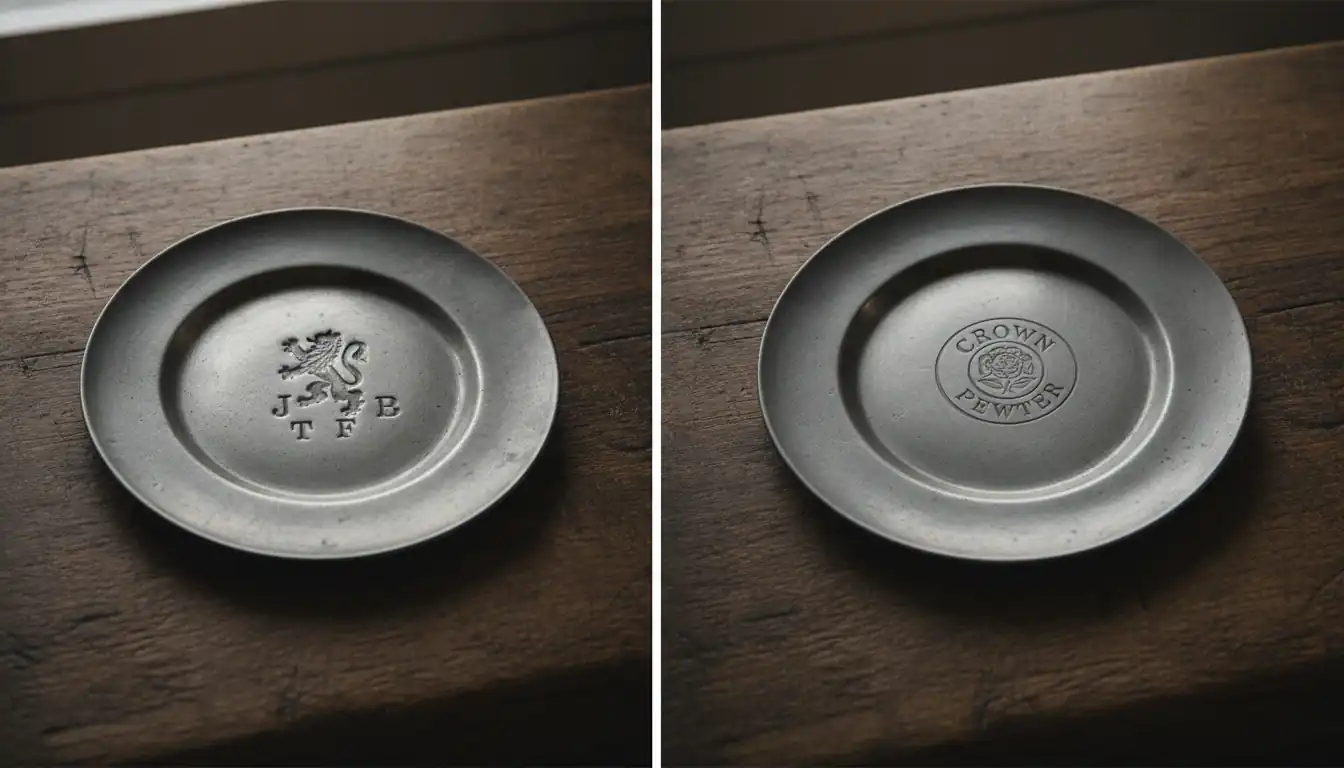 Side-by-side comparison of a hand-stamped antique pewter mark and a shallow machine-pressed mark on metal plates.