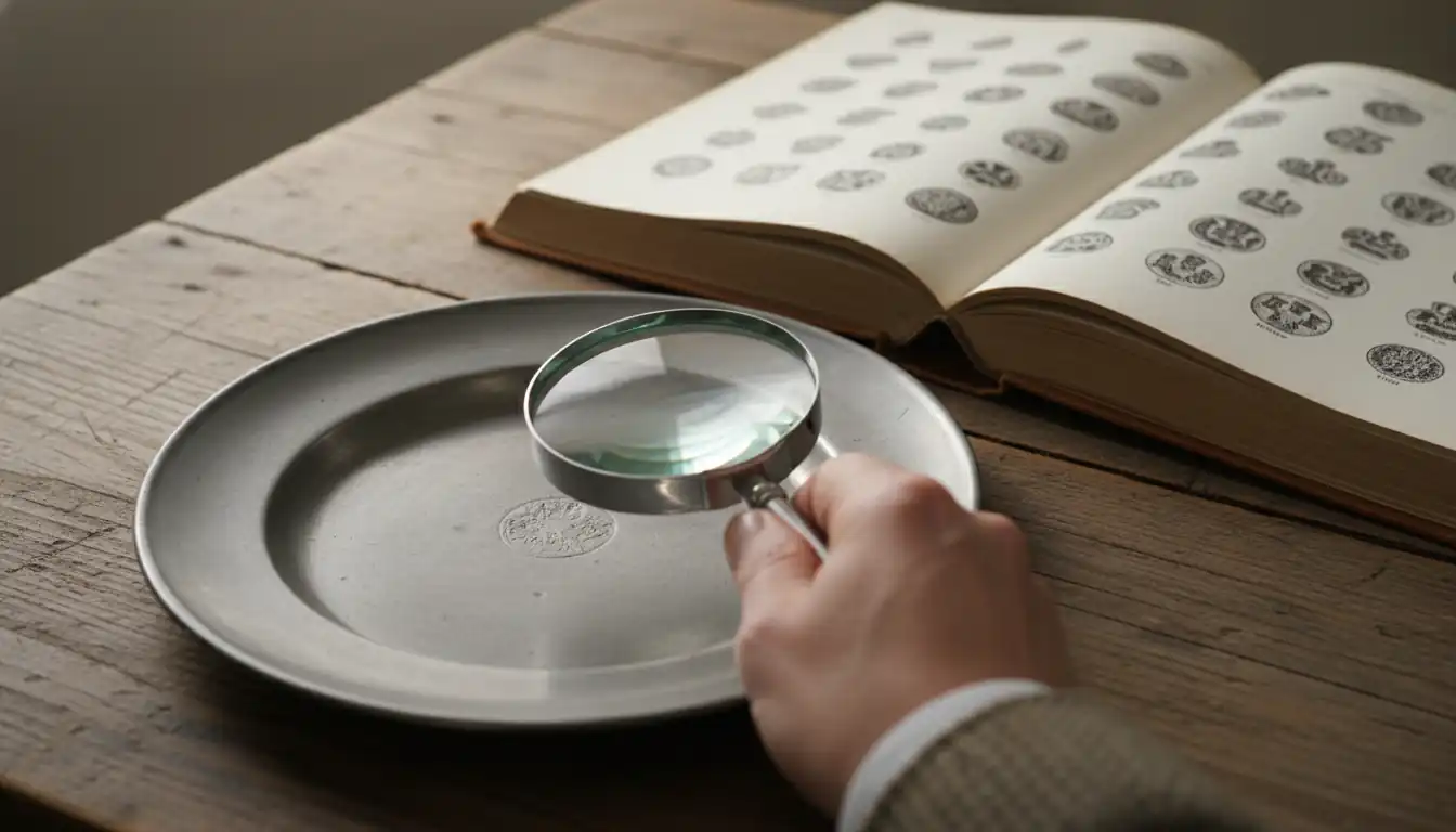 A person using a magnifying glass and reference book to identify marks on an antique pewter plate.