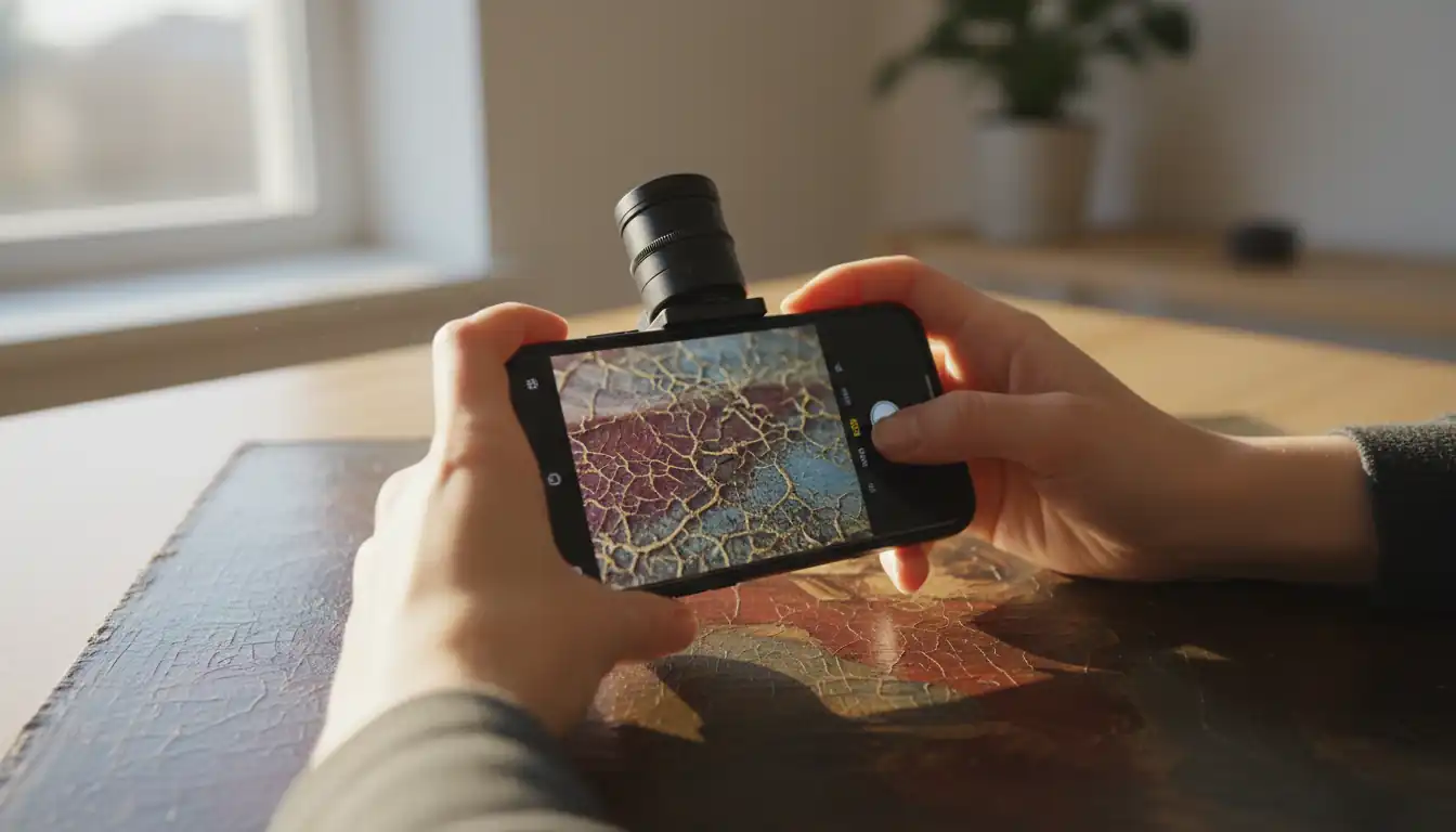 A person using a smartphone with a macro lens to inspect the texture of an old oil painting.